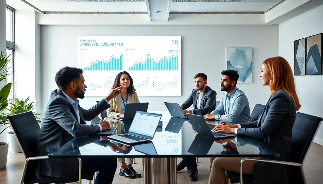 professionals discussing data analytics in a modern office setting.